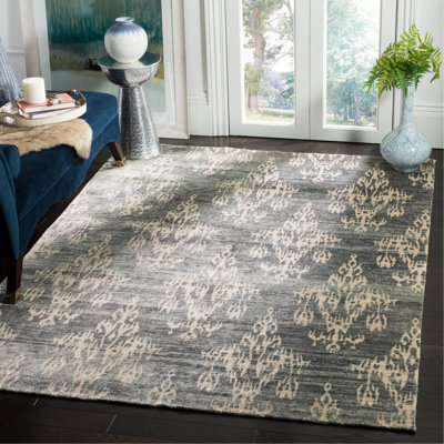 Tapis ikat tibétain en viscose / coton noué à la main en graphite