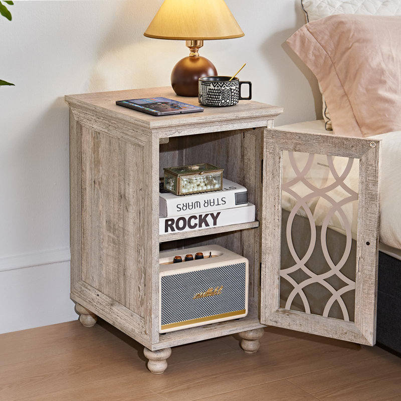Table d'appoint étroite avec rangement en verre, Chêne gris, Individuel