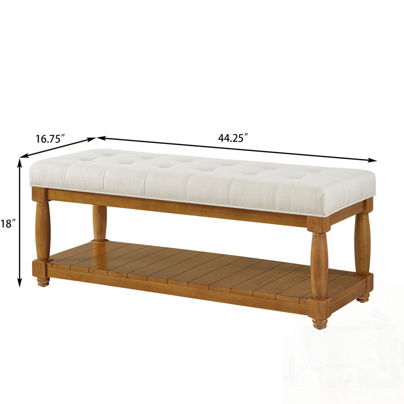 Banc rembourré en lin avec tablette de rangement, repose-pieds capitonné pour le vestibule de la chambre à coucher, pieds en bois massif
