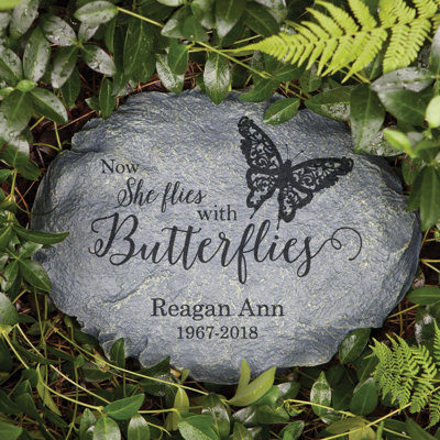 Personalized Butterfly Memorial Garden Stone – Now She Flies With Butterflies – Custom Name & Dates Sympathy Gift for Her, Bereavement Remembrance Stone