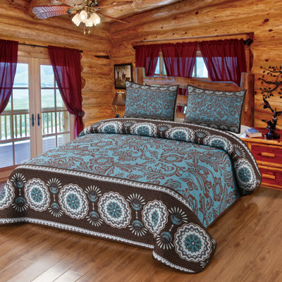 Mcallen Turquoise and Brown Floral Medallion Pattern Boho 3-Piece Decorative Quilt Bedding Set