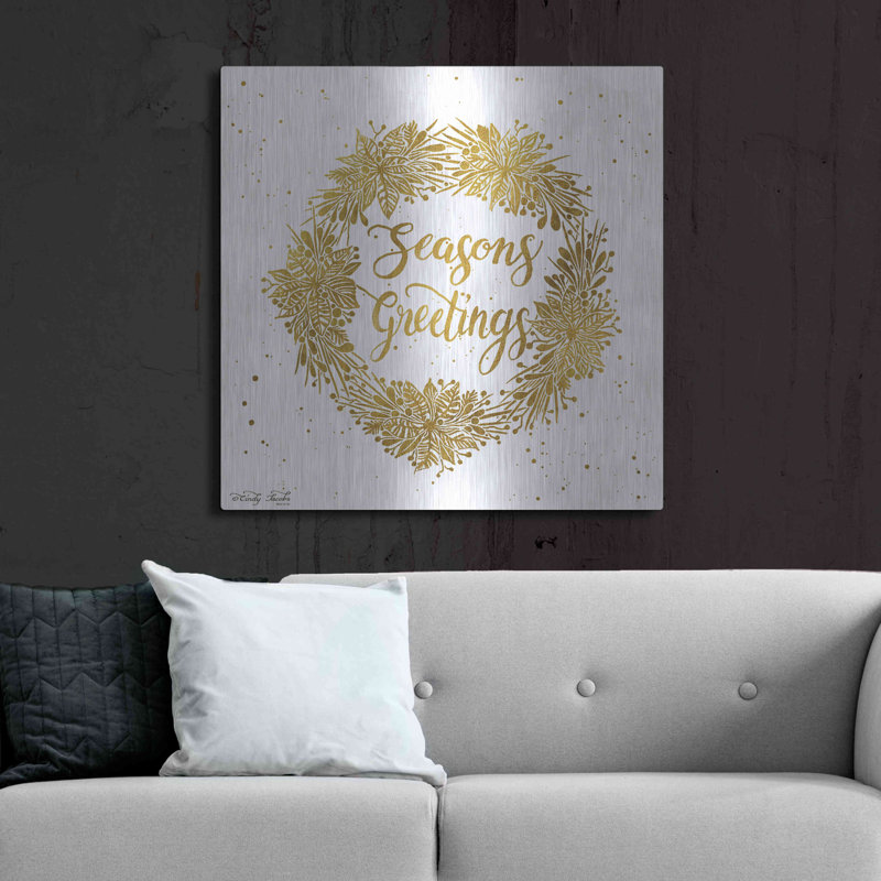 «Seasons Greetings Gold Wreath» par Cindy Jacobs, art mural en métal, H 36 po x l 36 po