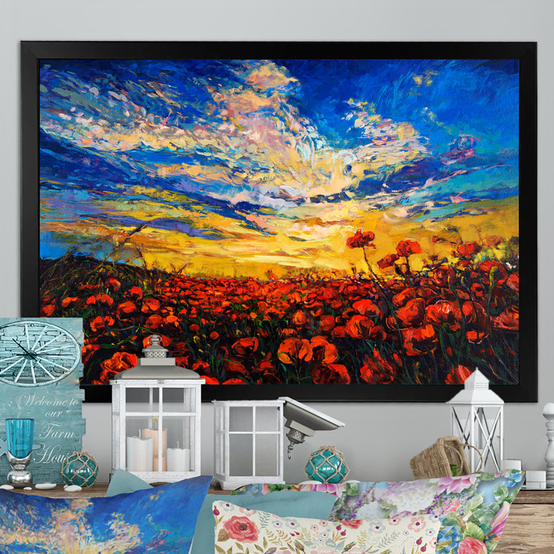 Red Poppy Fields Ii - reproduction d'art sur toile, Cadre noir, H 8 po x l 12 po x P 1 po