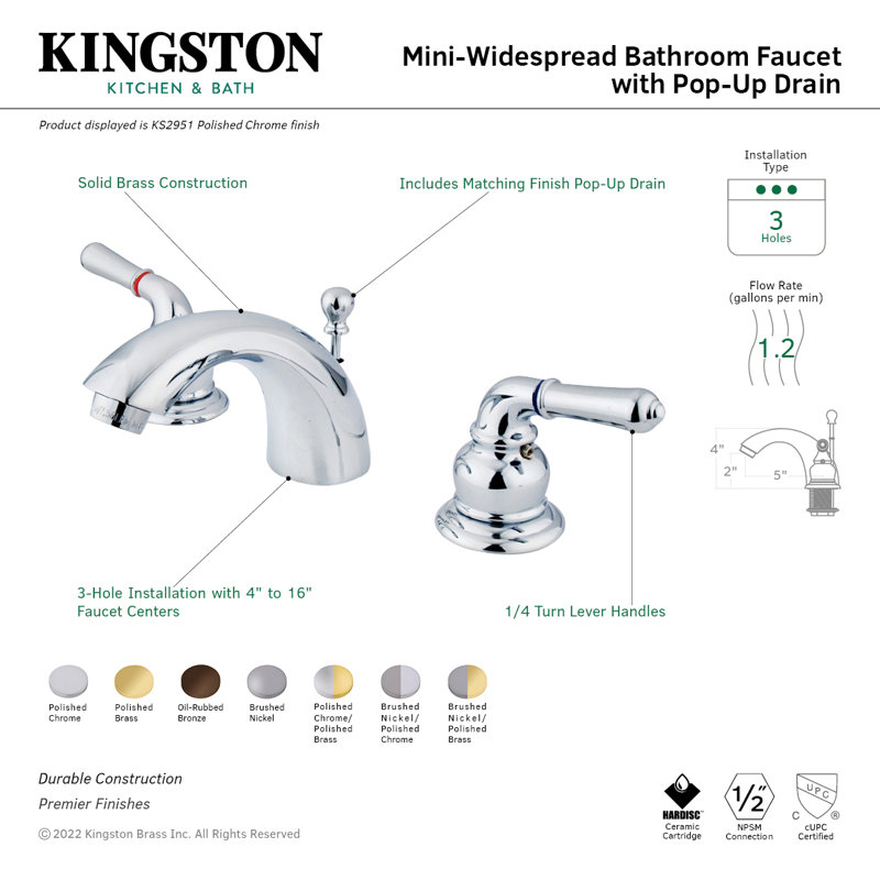 Kingston Brass Two-Handle 3-Hole Deck Mount Mini-Widespread Bathroom Faucet with Brass Pop-Up, Polished Brass