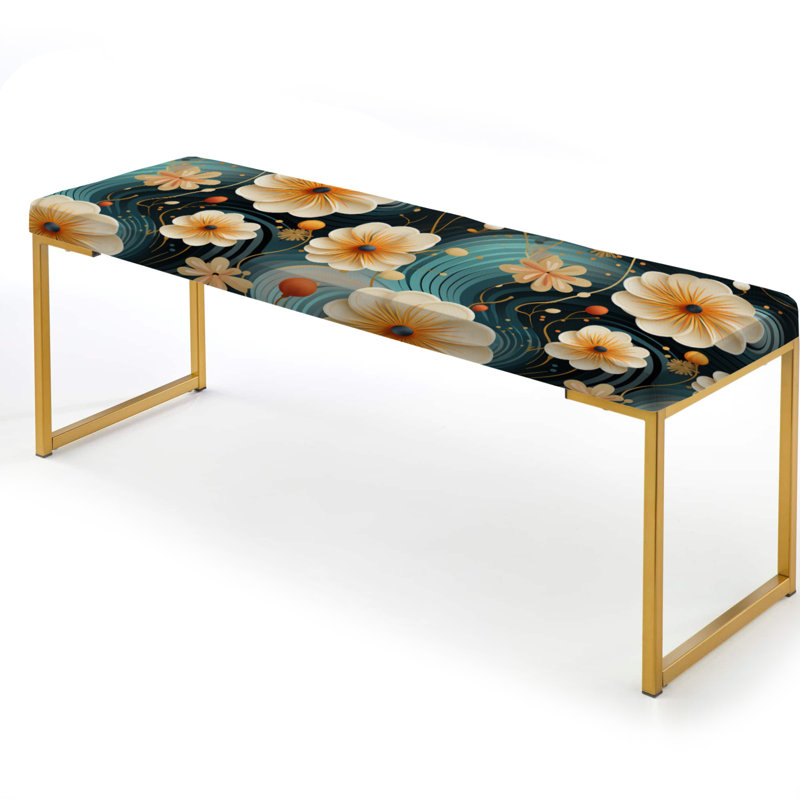 Dreamy Blue And Beige Botanical Pattern - Floral Upholstered Gold Bench