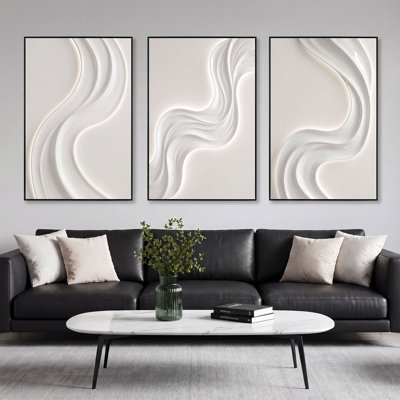 Ensemble d'art mural abstrait moderne 3 pièces, toile gris blanc minimaliste avec revêtement en porcelaine de cristal pour le salon