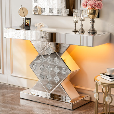Console à miroir 47,2 po avec lumière DEL, table d'entrée en miroir argentée avec tiroir de rangement, table d'appoint moderne avec base à carreaux pour le salon, le couloir et l'entrée