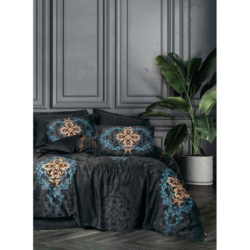 Luxurious Satin Quilt Cover Set, Black, 78.7 x 86.6 inches | 100% Cotton Satin, 300 Thread Count | Includes 2 Pillowcases & 2 Oxford Pillowcases | Digital Printing, Machine Washable, Elegant Design
