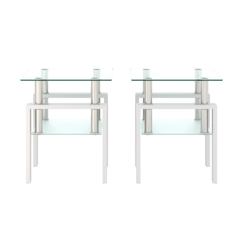Table de bout moderne en verre trempé, table basse, table carrée pour le salon, Transparent, Blanc, 2