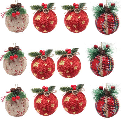 12 pièces de boules de Noël en tissu écossais - 3,14 pouces Buffalo tissu en tissu à carreaux avec des pommes de pin et de la verdure, arbre de Noël à carreaux suspendus boules suspendues décoration festive