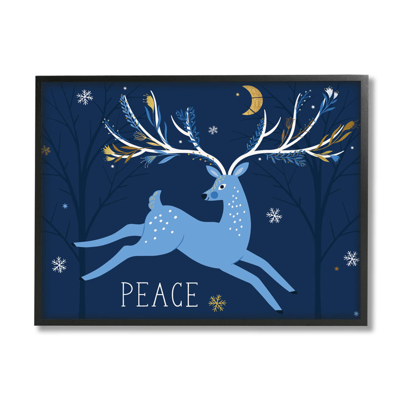 Peace Peaceing Deer Snowflakes at-107, Giclée encadrée noir minuit, H 11 po x l 14 po x P 1,5 po