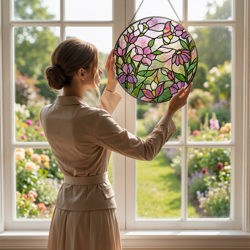 Panneau de vitrail à motif floral, H 12 po x l 12 po