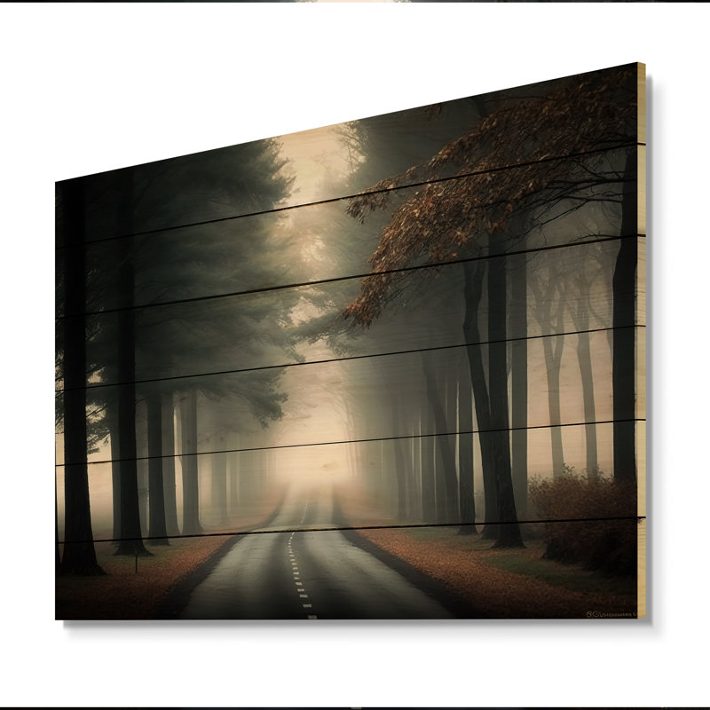 «Misty Road Through The Forest I», impression d'art mural en bois forêt, H 12 po x l 20 po x P 1 po