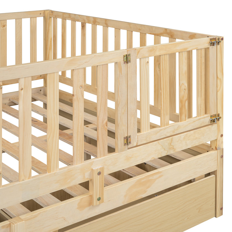 Safe And Daybed With Fence Guardrails 2 Drawers In Natural Wood Size Practical - For ' Sleeping Area, Natural, Full