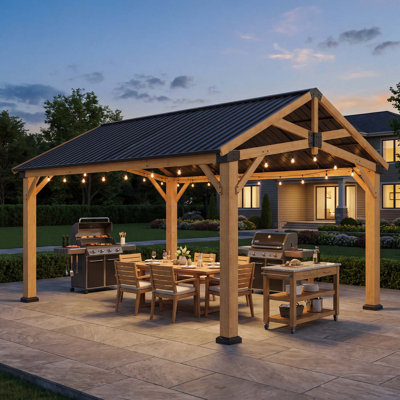 16 ft. W x 12 ft. D Outdoor Cedar Wood Gazebo with Metal Steel Gable Roof For Garden, Porch, Patio