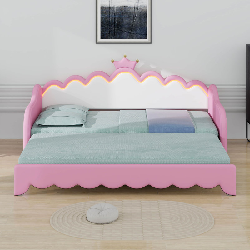 Twin Size Extending Princess Daybed: Modern Upholstered Design With Crown Headboard & LED Lights, Pink