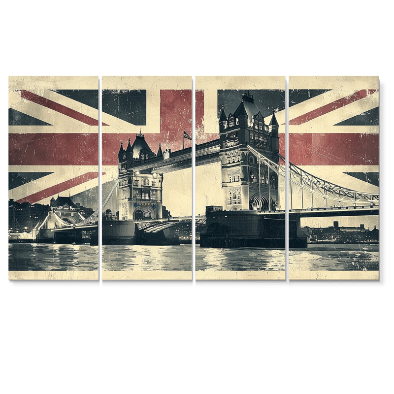 4 lumières de pont de tour rétro sur drapeau du Royaume-Uni - Art mural traditionnel - 4 pièces, H 32 po x l 64 po