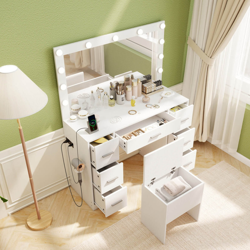 Vanity Desk with Mirror and Lights Storage Stool Power Outlets 3 Lighting Colors
