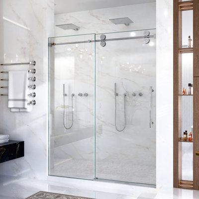 72" H Single Sliding Shower Door 56"-60"W, 5/16" 8Mm Clear Tempered Glass, Finish, 304 Stainless Steel Rollers With Precision , Advanced - Detachment, Round Track, Double Sealing For Bathroom