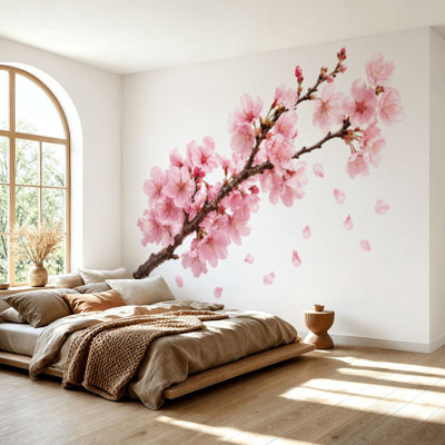 Wall Mural Peel and Stick Wallpaper pastel color cherry blossom japan blooming flowers Self-Adhesive Removable Contact Paper Wall Decor for Living Room Bedroom 69"H x 96"W