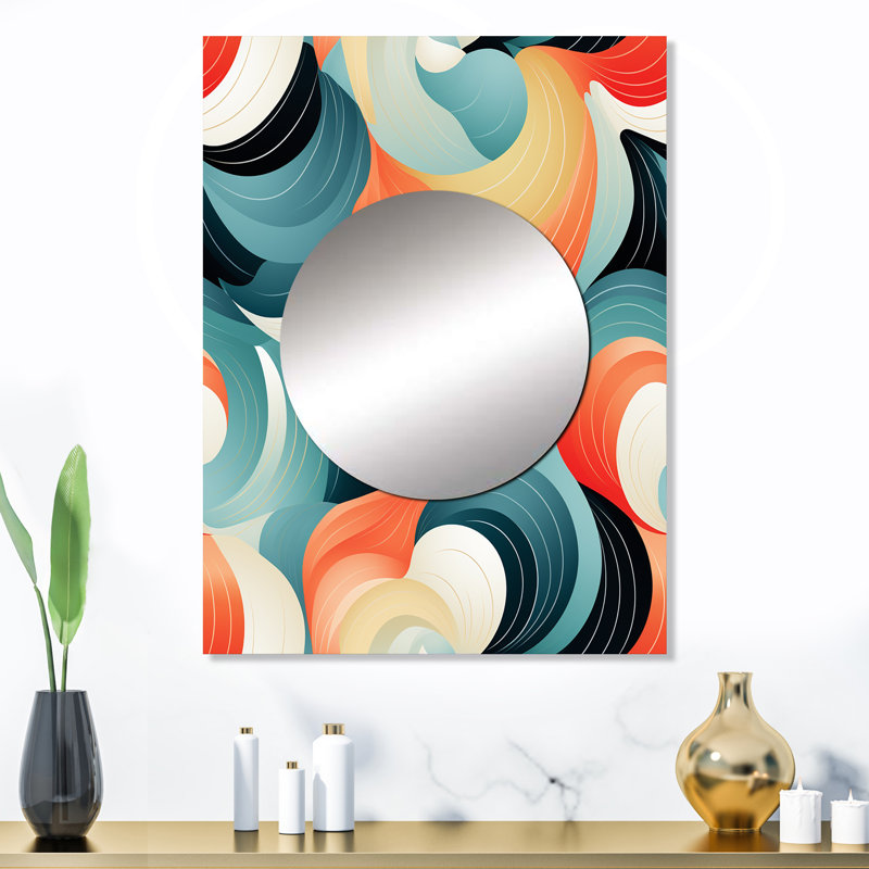 Saidy Orange And Green Geometric Ripples Patterns - Coastal Unique Wall Mirror, Nautical Mirror, Printed Metal Art, 32" x 24"