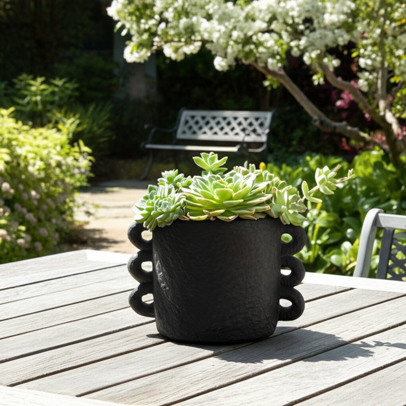 Cement Arch Handle Planter, Black, 5" H x 8" W x 5.50" D