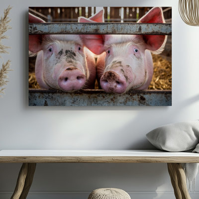 Toile en gros plan, deux cochons roses avec art mural proéminent, museaux texturés et poils doux