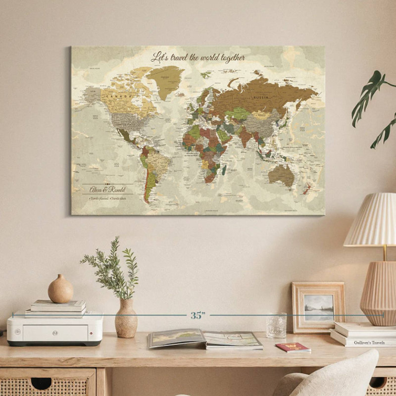 Personalized Travel Together I Push Pin World Milstead, 16" H x 24" W, Yes