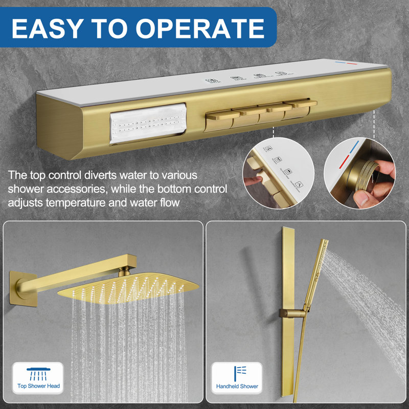 Brushed Gold Rainfall Shower System Combo-12" Wall-Mounted Shower Kit with 2-in-1 Handheld Spray, Adjustable Slide Bar & Body Jets, Waterfall Spout Shower Faucet Set,IATF00S4