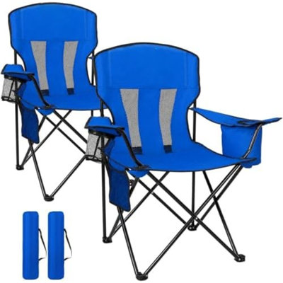 Chaises de camping portatives pour adultes, chaises pliantes d'extérieur avec sac isotherme pour 4 canettes, chaise pliante avec dossier en filet pour l'extérieur, la pêche, le jardin, ensemble de 2, bleues