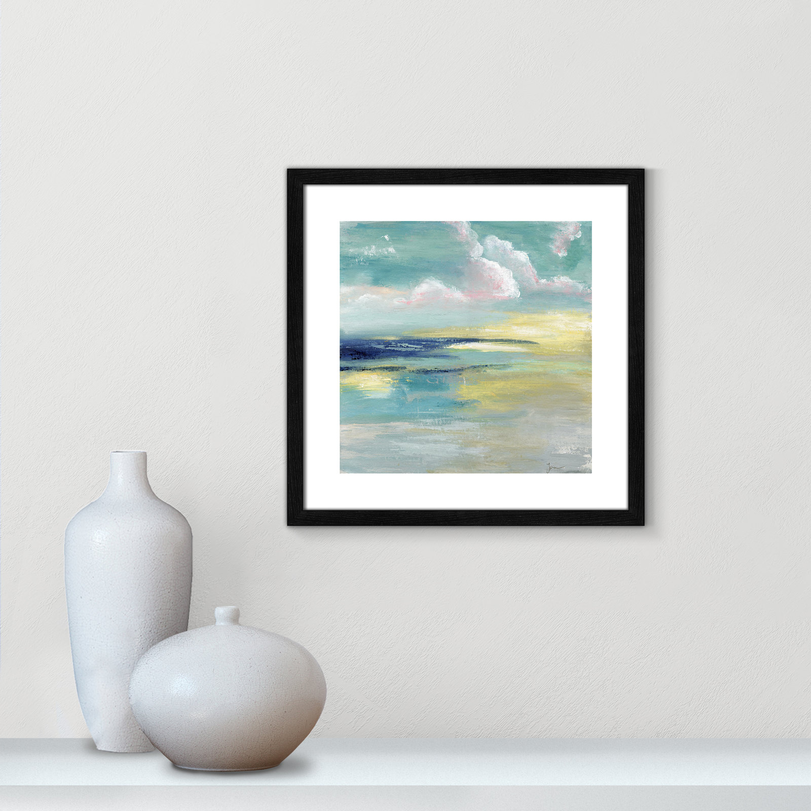 Bertie "Ocean View" Painting by Tava Studios, 18.25" H x 18.25" W x 0.75" D, Black Wood Framed Paper