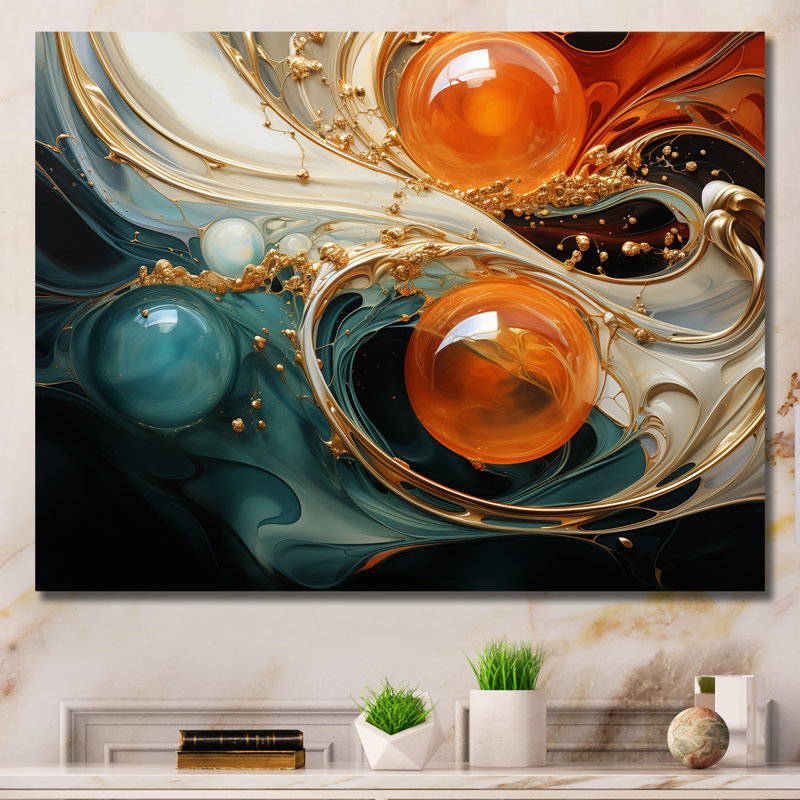 Planète vagues orange et or II - art mural abstrait, Toile tendue, H 12 po x l 20 po x P 1 po