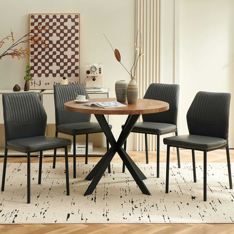 5-Piece Round Dining Table Set, 37 Inch Kitchen Table And 4 PU Leather Chairs, Gray