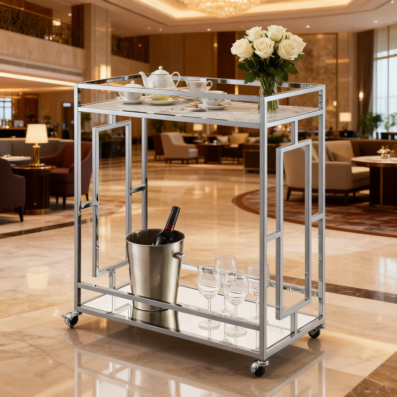 Chrome Bar Cart With 360-Degree Swivel Wheels, Faux Marble Top And Mirrored Storage Shelf For Modern Living Room, Kitchen, And Dining Room