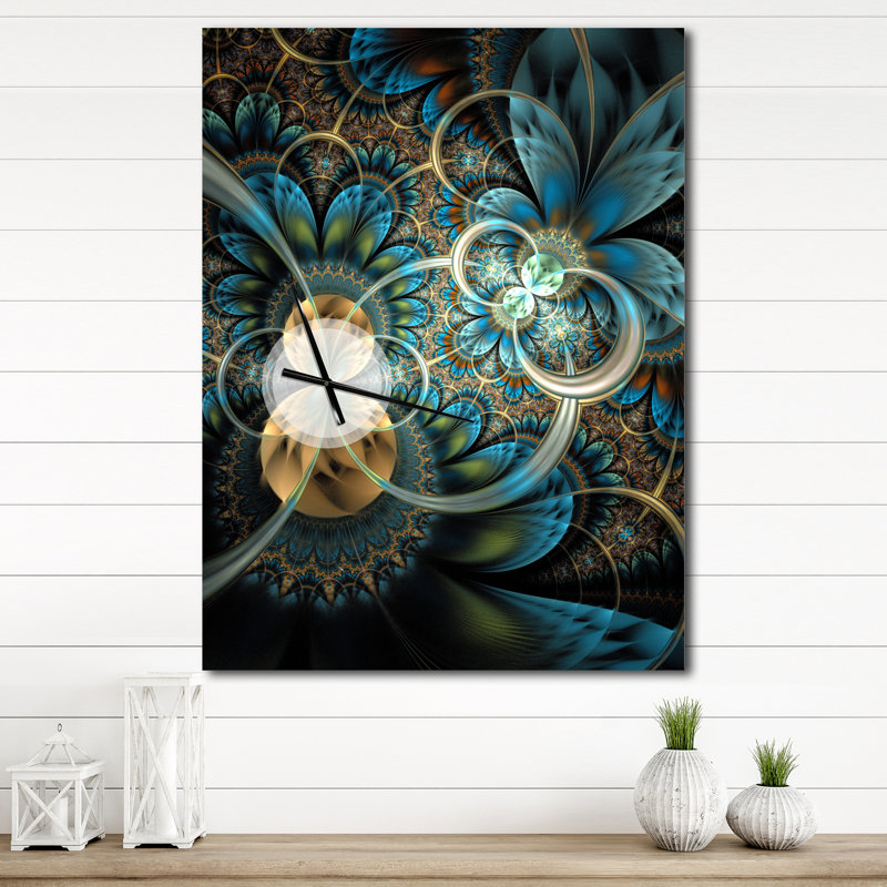 Horloge murale symétrique or bleu et fleur fractale, 32" H x 24" W x 1" D