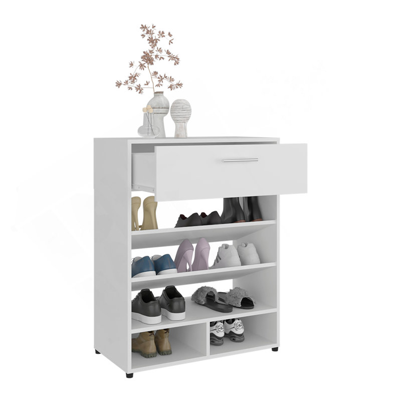 Range-chaussures, 3 niveaux, un tiroir, cinq tablettes, rangement pour chaussures, blanc