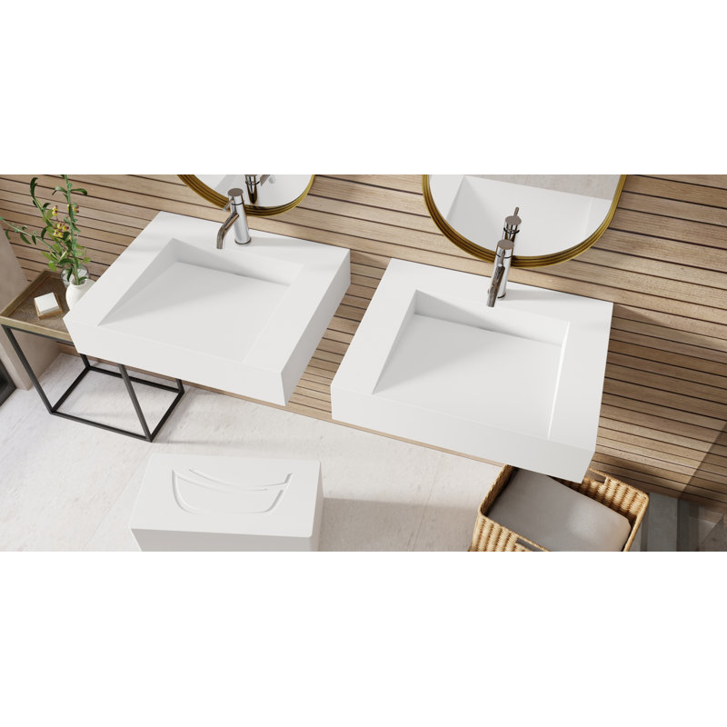 Lavabo de salle de bain mural carré en résine 23,6 po x 19,6 po Badeloft WT-04-E-M, Blanc mat