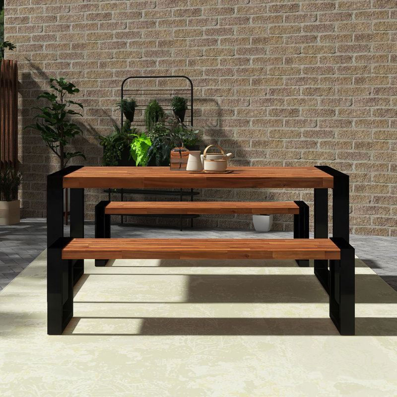 Ensemble de salle à manger d'extérieur en bois d'acacia 3 pièces avec plateau unique