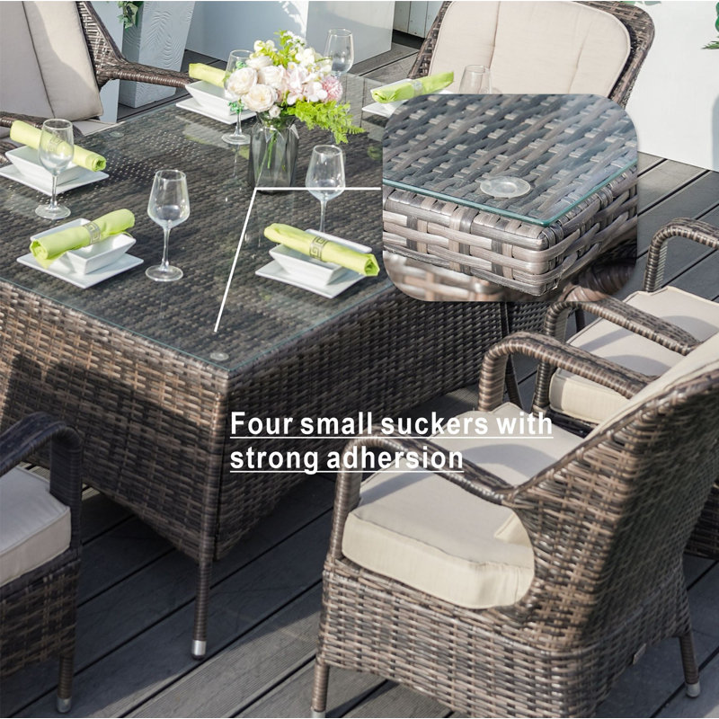 Algird 6 - Person Patio Dining Set Umbrella Hole Included Rectangular Table with Cushions Included, Brown Frame/Beige Cushion