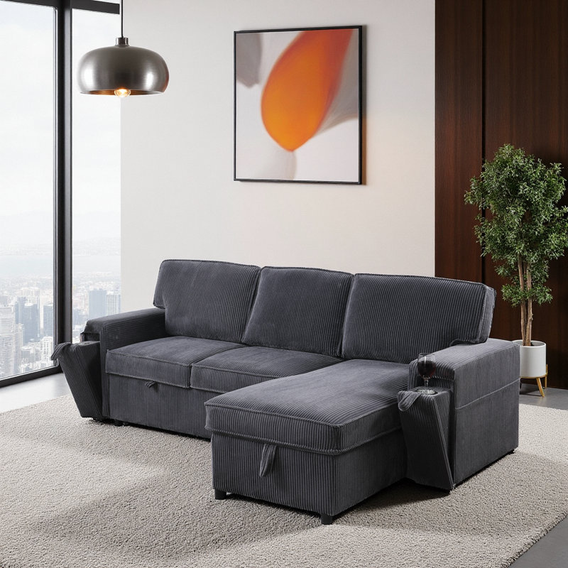 U_STYLE Canapé-lit modulaire en chenille victorien gris avec rangement et lit escamotable, Gris chenille