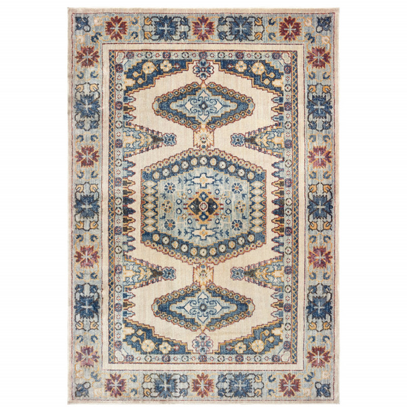 Tapis oriental ivoire / bleu Pateros, Rectangle 9 pi 10 po x 12 pi 10 po