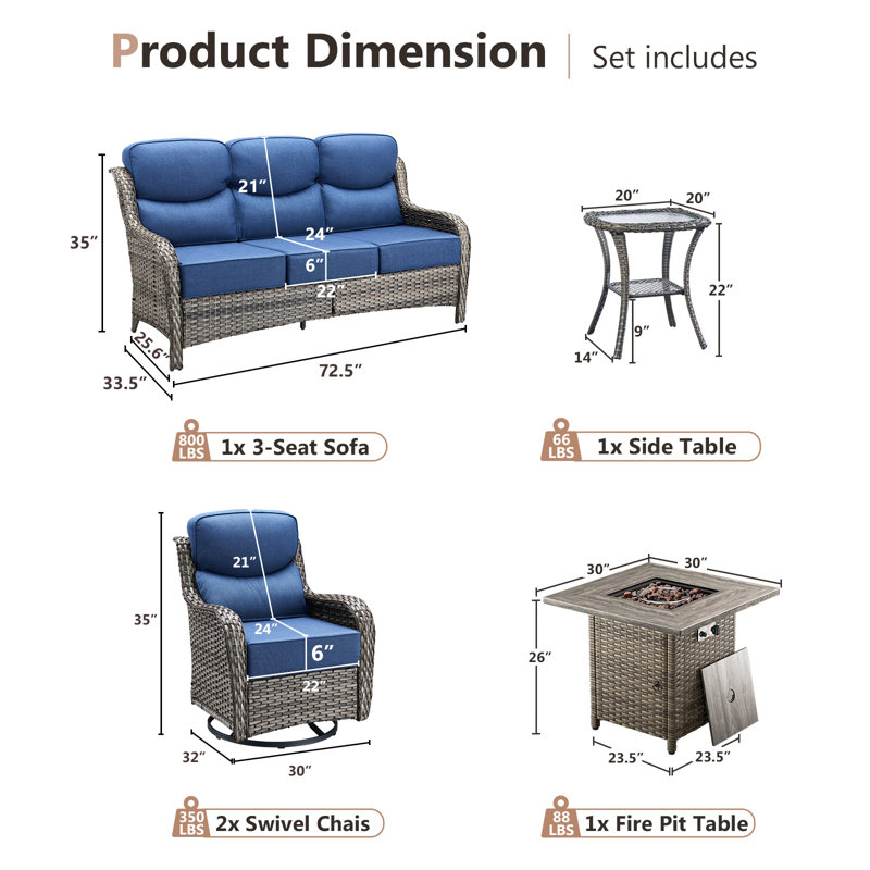 Patio Resin Wicker Furniture Set With Fire Pit Table, PE Rattan Swivel Patio Chairs With Propane Fire Pit Table, Brown Wicker 5Pcs Patio Conversation Set