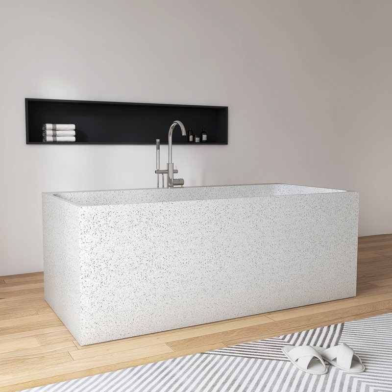 63" x 30" Freestanding Rectangular Terrazzo Tub Solid Surface Soaking Bathtub