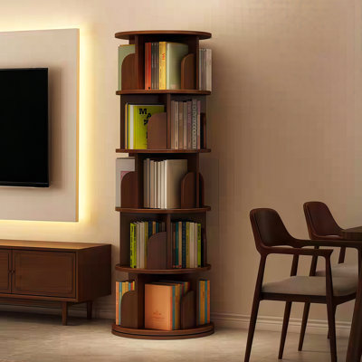 Bibliothèque 360 ° rotative à 5 niveaux pour les petits espaces dans la chambre à coucher, le salon, la maison - noyer, et la maison ronde rotative multifonctionnelle, économisant de l'espace