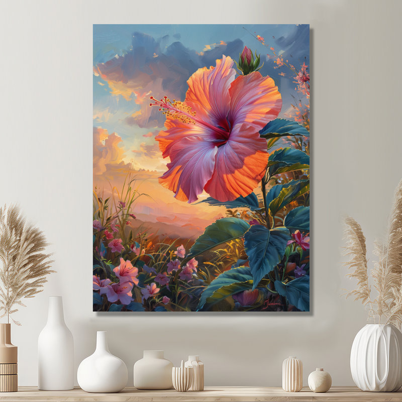 Hibiscus rose, vert, coucher de soleil tropical - Hibiscus, Toile tendue, H 12 po x l 20 po