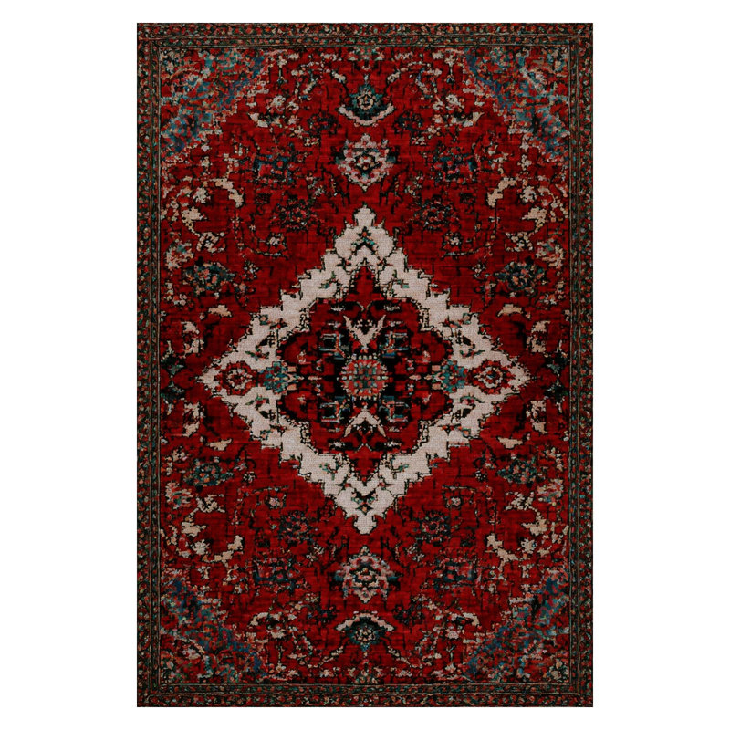 Guria Burgundy Oriental Vintage Look Machine Printed Cotton Chenille Area Rug, Runner 6'7" x 14'10"