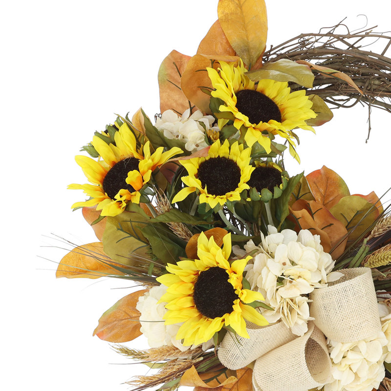 Linneus 23" Sunflower and Hydrangea Fall Wreath