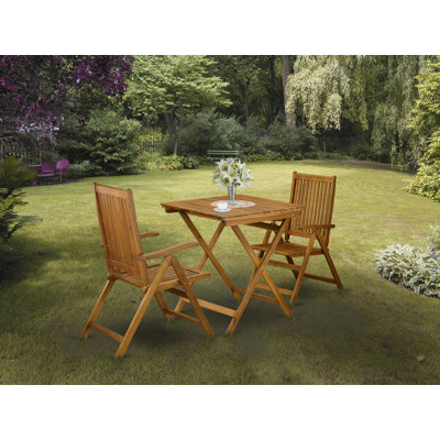 3 Piece Outdoor Conversation Bistro Set Contains a Square Acacia Wood Coffee Table and 2 Folding Adjustable Arm Chairs, Natural Oil