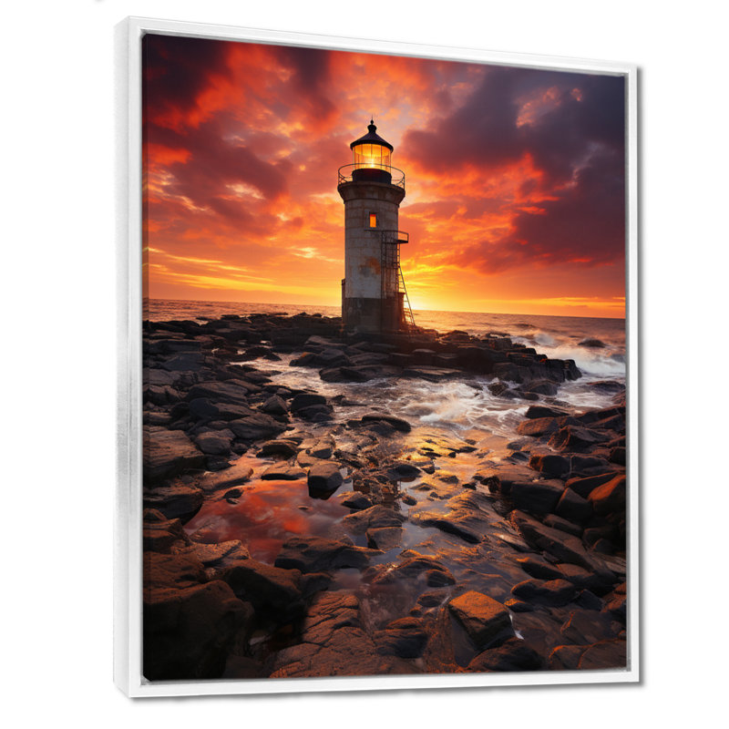 Phare sur le rocher essaim rouge océan coucher de soleil - art mural phares, Toile encadrée flottée blanche