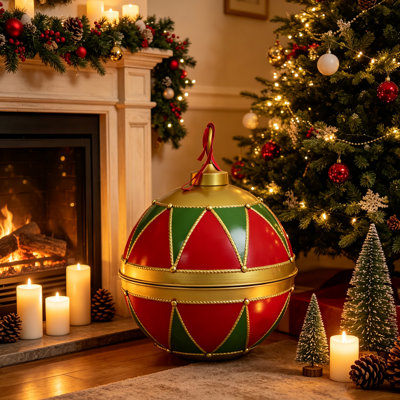 16 Inch Large Vintage Christmas Ball Ornament, Metal Christmas Bauble Decor, Festive Hanging Christmas Bell Decor for Front Porch, Gate, Indoor Fireplace, Holiday Home Party Decor
